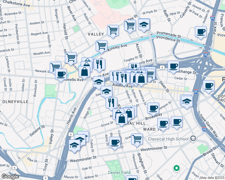 map of restaurants, bars, coffee shops, grocery stores, and more near 45 Gesler Street in Providence
