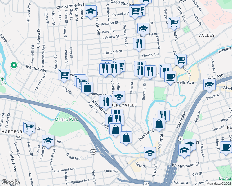 map of restaurants, bars, coffee shops, grocery stores, and more near 54 Joslin Street in Providence
