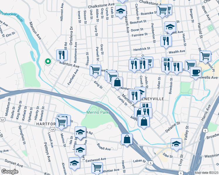 map of restaurants, bars, coffee shops, grocery stores, and more near 9 King Street in Providence