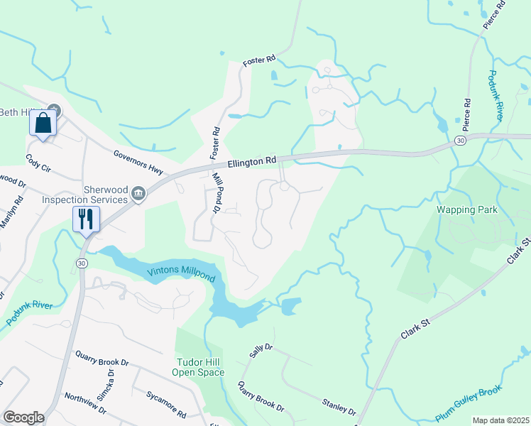 map of restaurants, bars, coffee shops, grocery stores, and more near 807 Twin Circle Drive in South Windsor