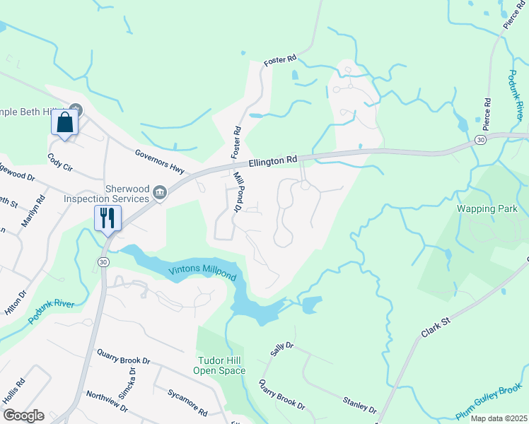 map of restaurants, bars, coffee shops, grocery stores, and more near 201 Twin Circle Drive in South Windsor