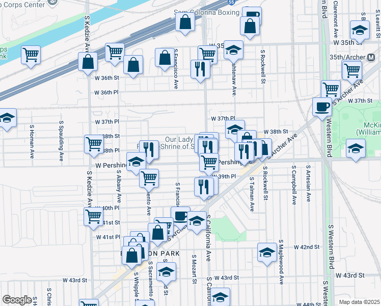 map of restaurants, bars, coffee shops, grocery stores, and more near 2834 West Pershing Road in Chicago