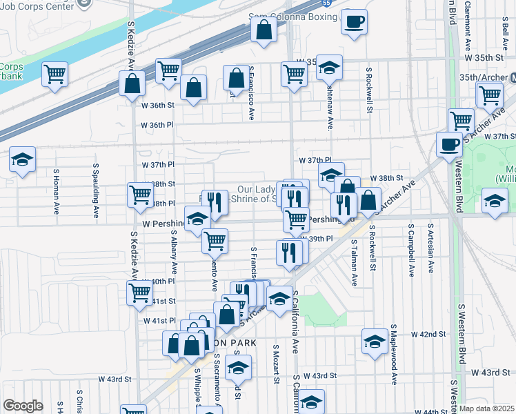 map of restaurants, bars, coffee shops, grocery stores, and more near 2908 West Pershing Road in Chicago