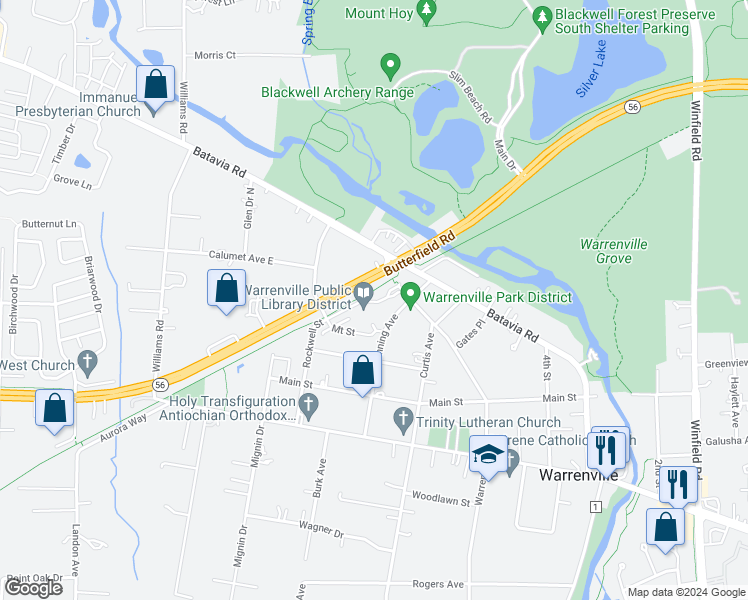 map of restaurants, bars, coffee shops, grocery stores, and more near in Warrenville
