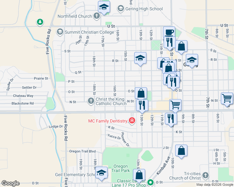 map of restaurants, bars, coffee shops, grocery stores, and more near 1530 N Street in Gering