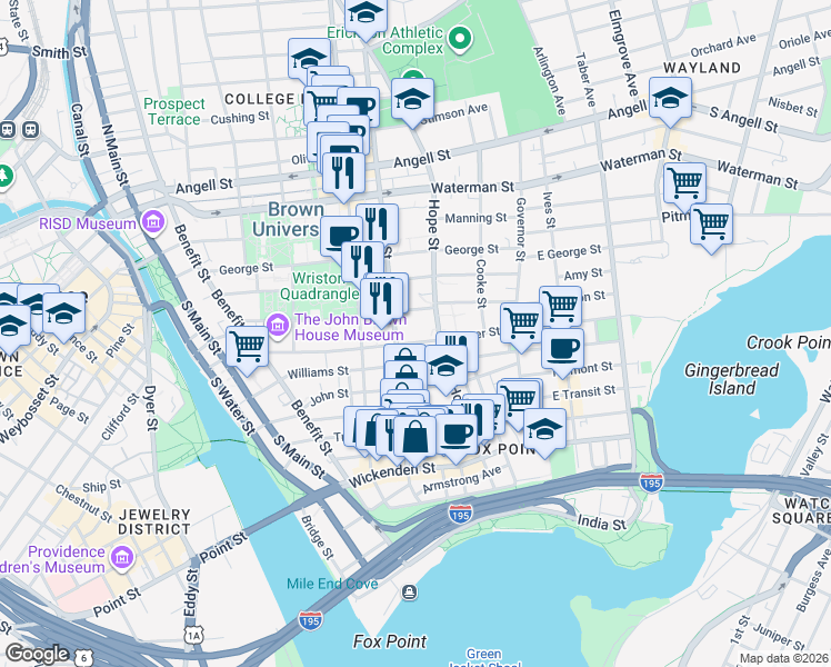 map of restaurants, bars, coffee shops, grocery stores, and more near 121 Power Street in Providence