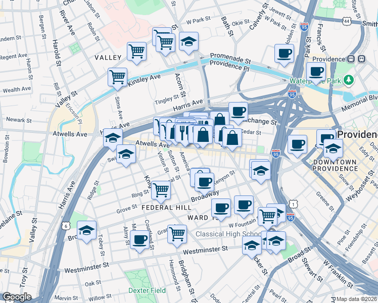 map of restaurants, bars, coffee shops, grocery stores, and more near 11 Africa Street in Providence