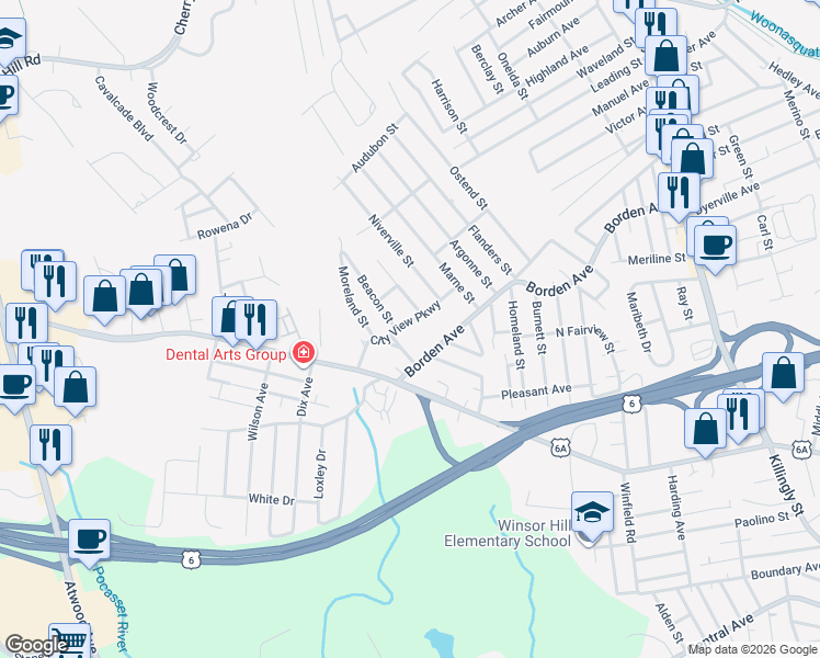 map of restaurants, bars, coffee shops, grocery stores, and more near 165 Borden Avenue in Johnston