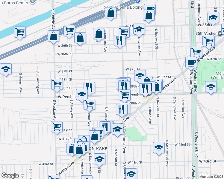 map of restaurants, bars, coffee shops, grocery stores, and more near 2834 West Pershing Road in Chicago