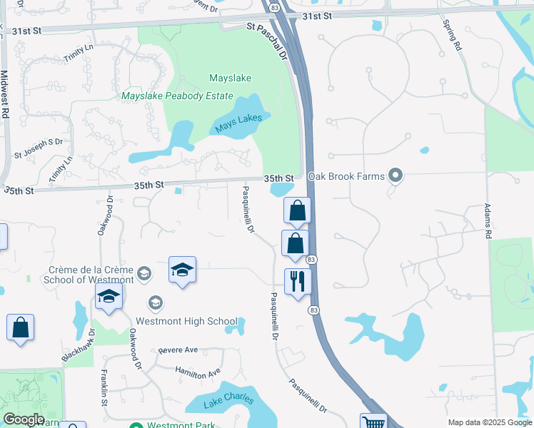 map of restaurants, bars, coffee shops, grocery stores, and more near 400 Quail Ridge Drive in Westmont