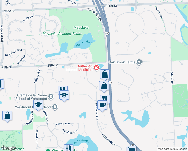 map of restaurants, bars, coffee shops, grocery stores, and more near 400 Quail Ridge Drive in Westmont
