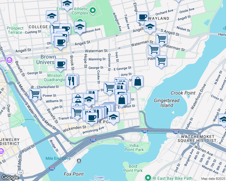 map of restaurants, bars, coffee shops, grocery stores, and more near 197 Power Street in Providence