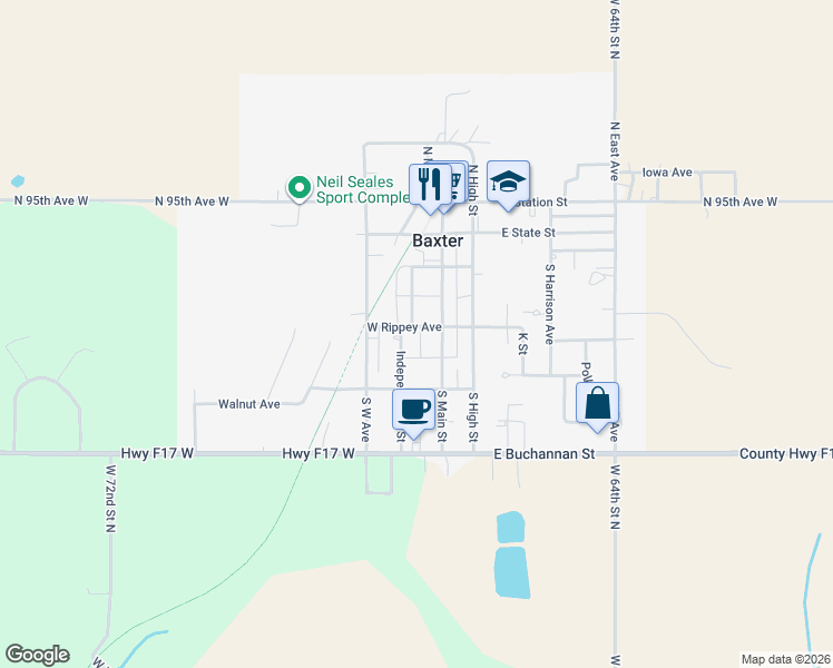 map of restaurants, bars, coffee shops, grocery stores, and more near 310 Independence Street in Baxter