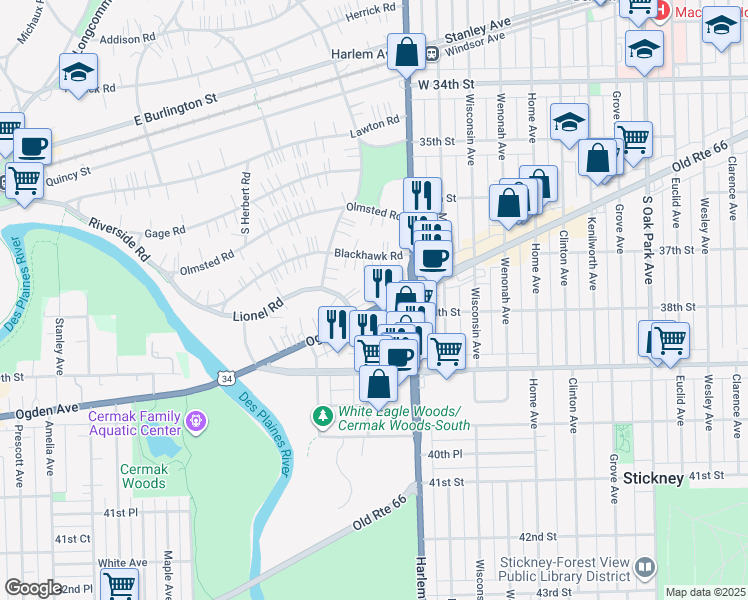 map of restaurants, bars, coffee shops, grocery stores, and more near 7221 Ogden Avenue in Lyons