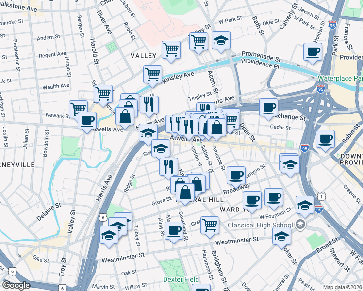map of restaurants, bars, coffee shops, grocery stores, and more near 18 Piedmont Street in Providence
