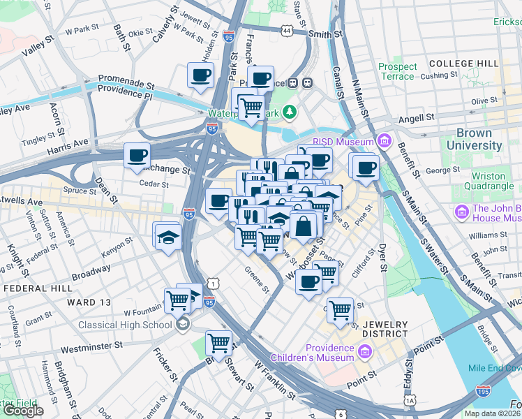 map of restaurants, bars, coffee shops, grocery stores, and more near 100 Fountain Street in Providence