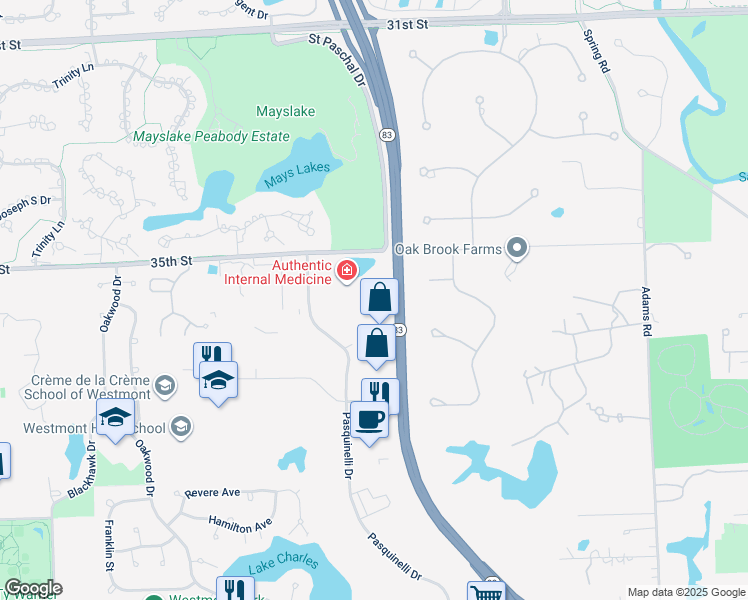 map of restaurants, bars, coffee shops, grocery stores, and more near 800 Quail Ridge Drive in Westmont