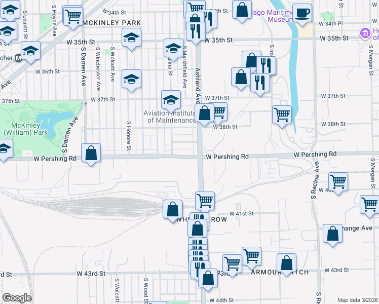 map of restaurants, bars, coffee shops, grocery stores, and more near 3856 South Ashland Avenue in Chicago