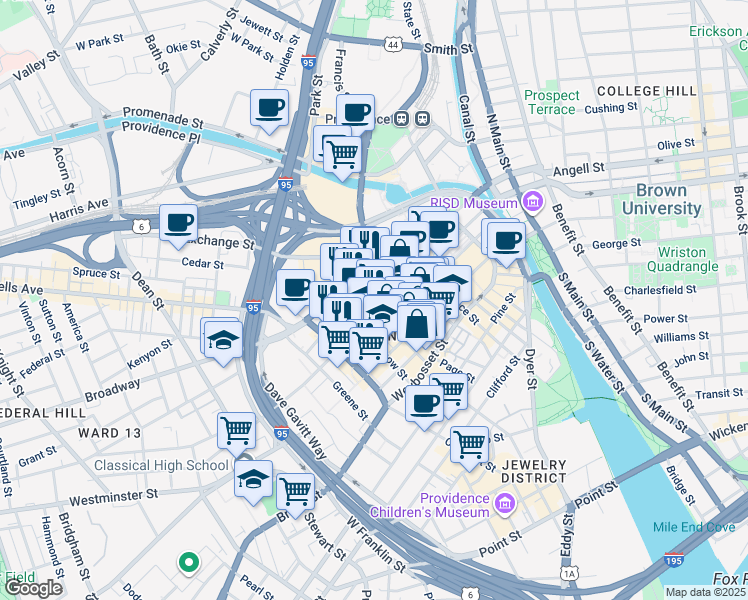map of restaurants, bars, coffee shops, grocery stores, and more near in Providence