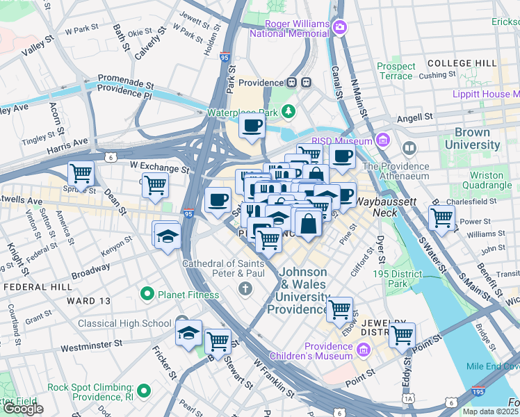 map of restaurants, bars, coffee shops, grocery stores, and more near 100 Fountain Street in Providence