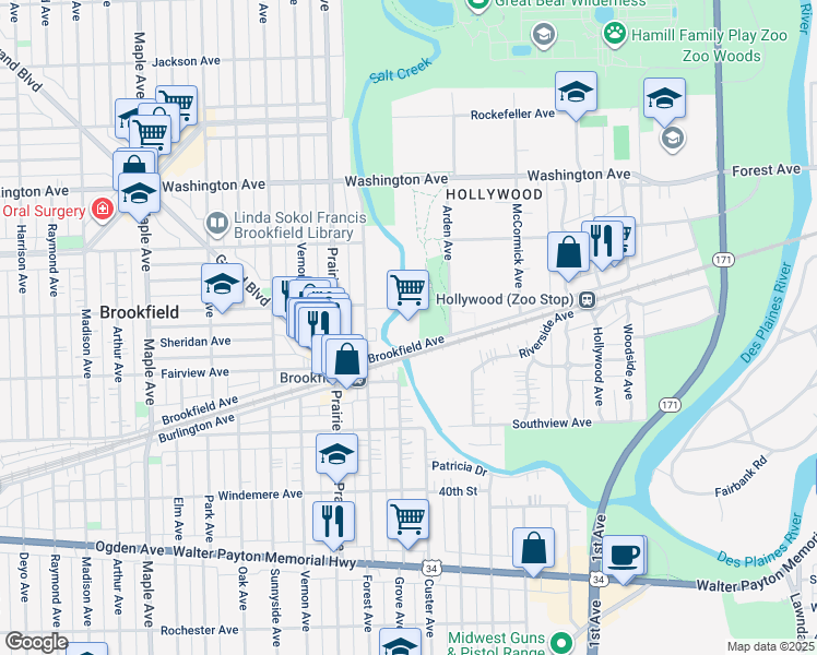 map of restaurants, bars, coffee shops, grocery stores, and more near 8820 Brookfield Avenue in Brookfield