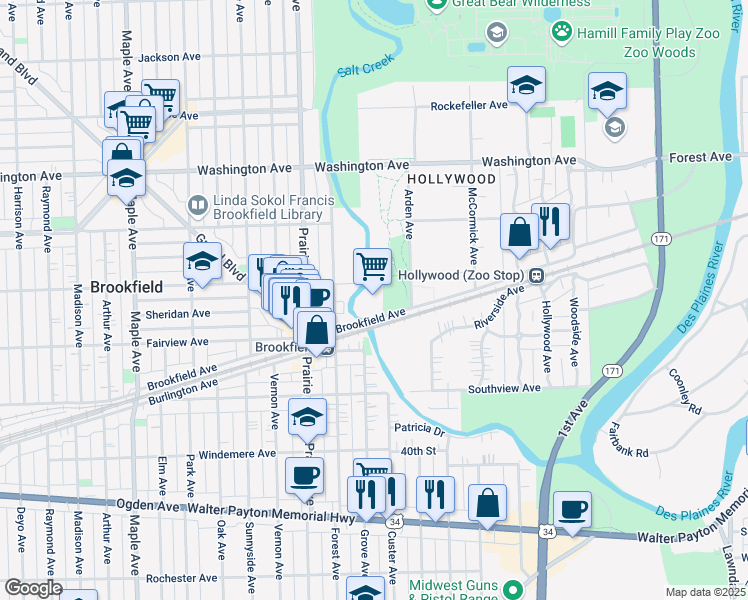 map of restaurants, bars, coffee shops, grocery stores, and more near 8820 Brookfield Avenue in Brookfield