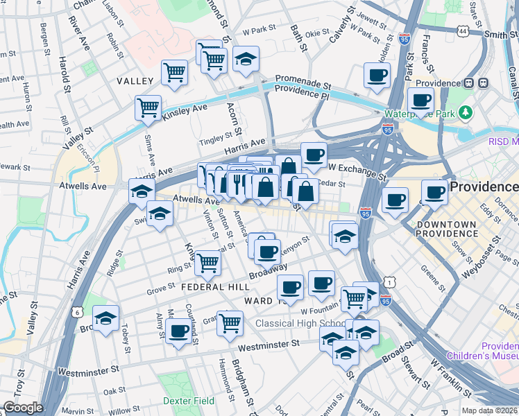 map of restaurants, bars, coffee shops, grocery stores, and more near 11 Africa Street in Providence