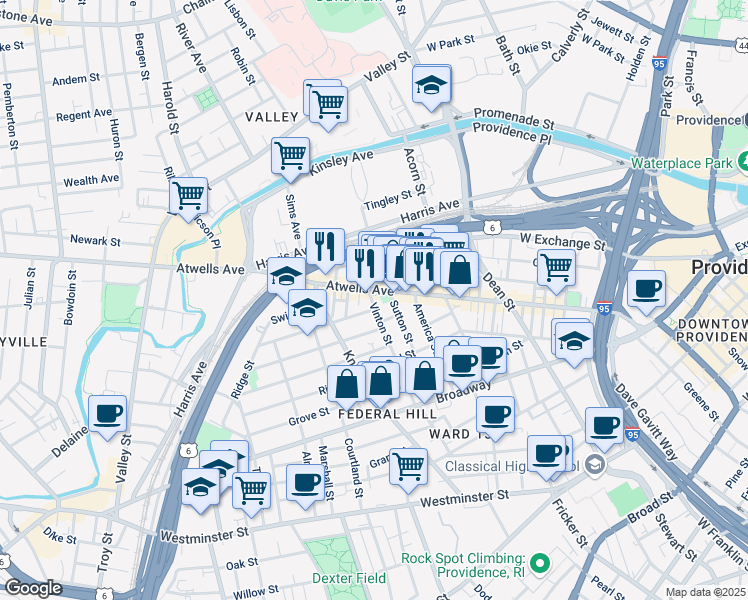 map of restaurants, bars, coffee shops, grocery stores, and more near 14 Vinton Street in Providence
