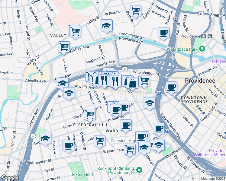 map of restaurants, bars, coffee shops, grocery stores, and more near 11 Africa Street in Providence