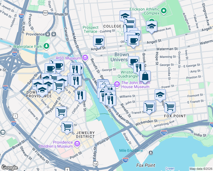 map of restaurants, bars, coffee shops, grocery stores, and more near 29 Planet St in Providence