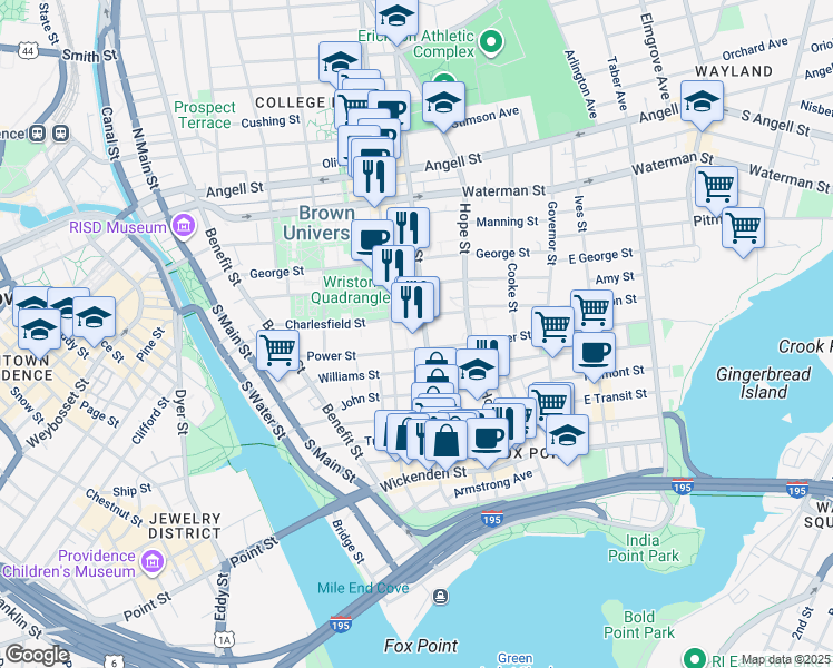 map of restaurants, bars, coffee shops, grocery stores, and more near 121 Power Street in Providence
