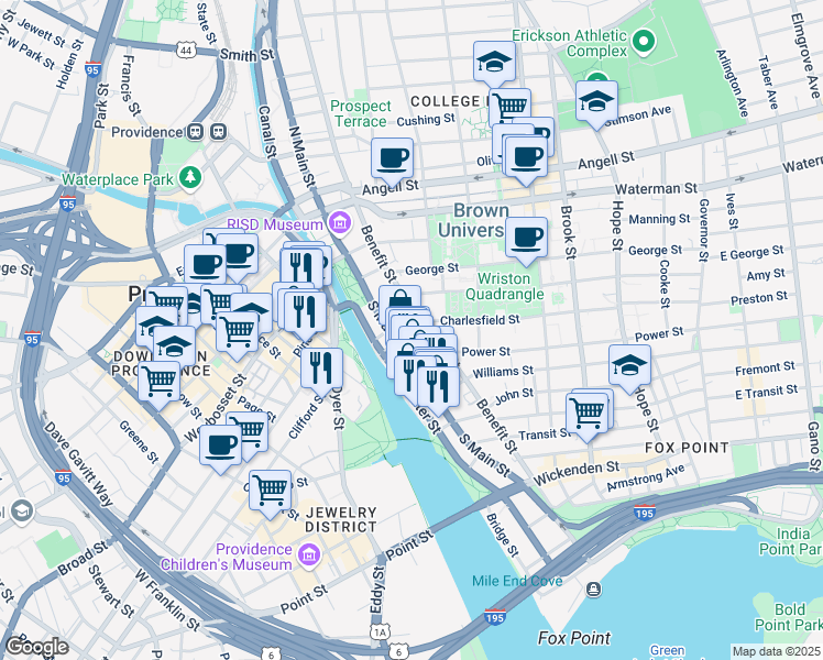 map of restaurants, bars, coffee shops, grocery stores, and more near 203 South Main Street in Providence