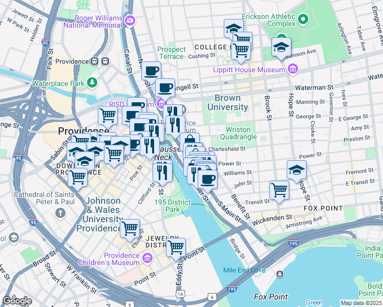 map of restaurants, bars, coffee shops, grocery stores, and more near 203 South Main Street in Providence