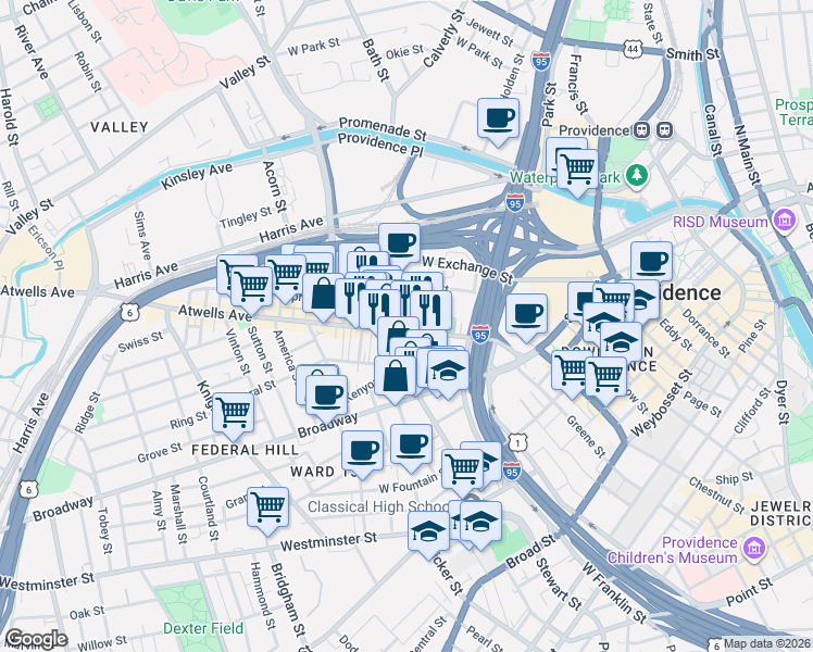 map of restaurants, bars, coffee shops, grocery stores, and more near 23 Newton Street in Providence