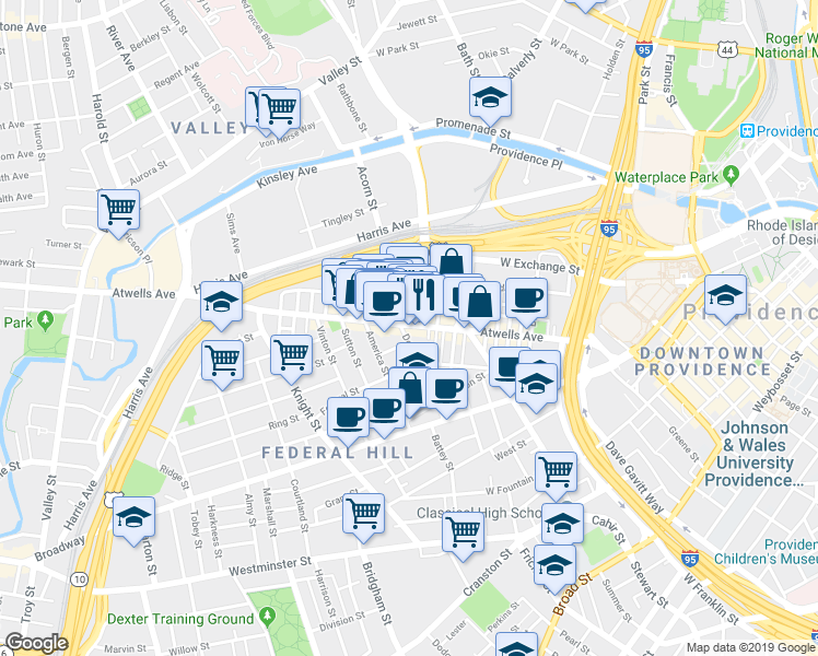 map of restaurants, bars, coffee shops, grocery stores, and more near 11 Africa Street in Providence