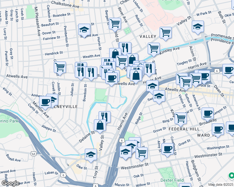 map of restaurants, bars, coffee shops, grocery stores, and more near 41 Tuxedo Avenue in Providence