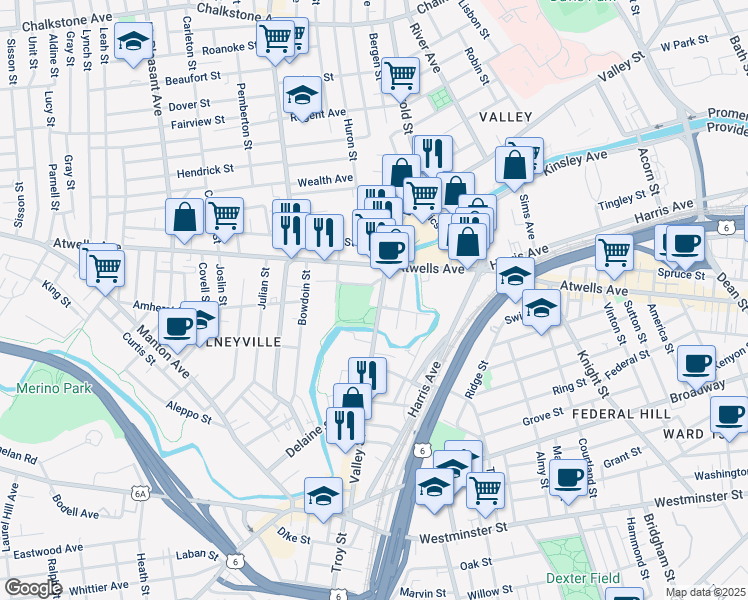 map of restaurants, bars, coffee shops, grocery stores, and more near 228 Valley Street in Providence
