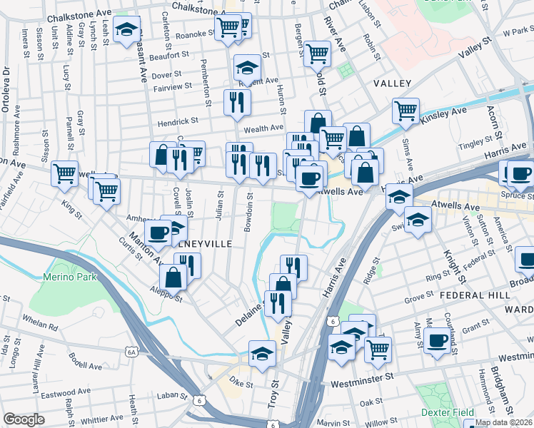 map of restaurants, bars, coffee shops, grocery stores, and more near 4 Cutler Street in Providence