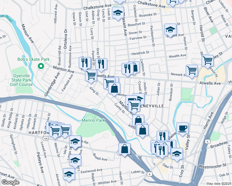 map of restaurants, bars, coffee shops, grocery stores, and more near 332 Manton Avenue in Providence