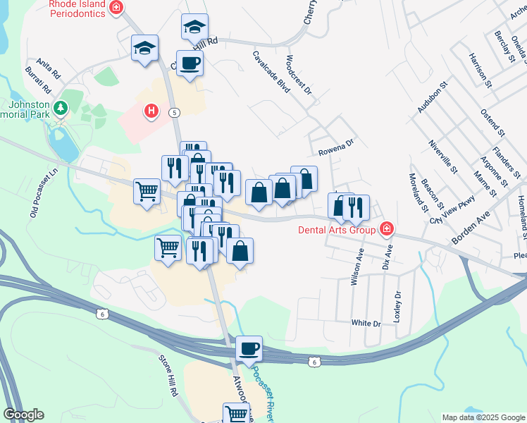 map of restaurants, bars, coffee shops, grocery stores, and more near in Johnston