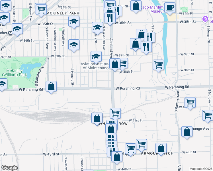 map of restaurants, bars, coffee shops, grocery stores, and more near 3856 South Ashland Avenue in Chicago