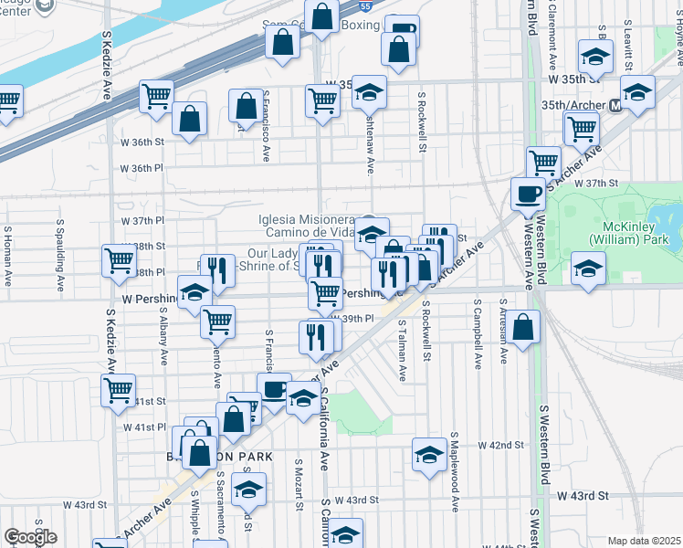 map of restaurants, bars, coffee shops, grocery stores, and more near 2718 West Pershing Road in Chicago