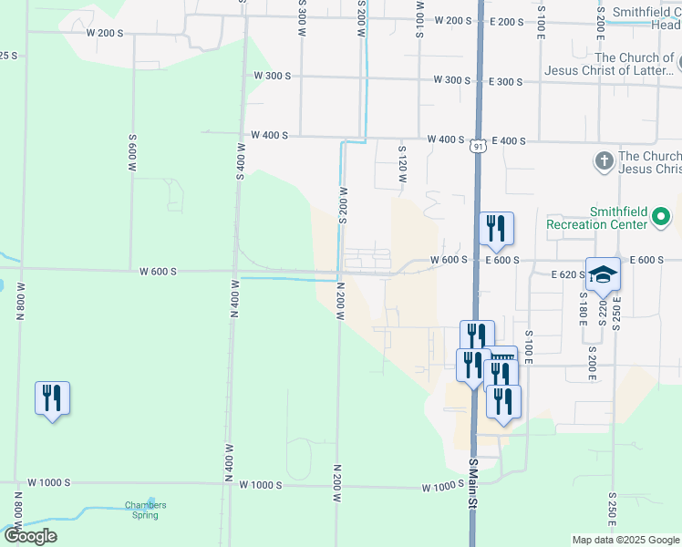 map of restaurants, bars, coffee shops, grocery stores, and more near 1025 South 200 West in Smithfield