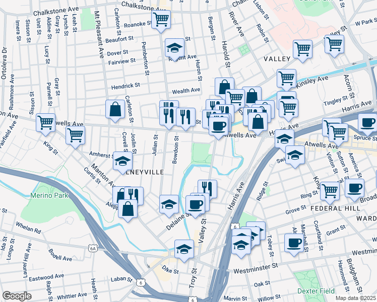 map of restaurants, bars, coffee shops, grocery stores, and more near 115 Bowdoin Street in Providence