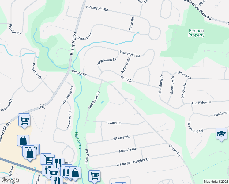 map of restaurants, bars, coffee shops, grocery stores, and more near 37 Climax Road in Simsbury