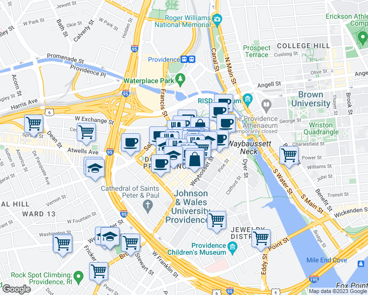 map of restaurants, bars, coffee shops, grocery stores, and more near 259 Westminster Street in Providence