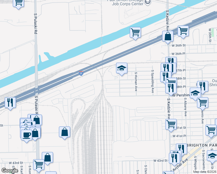 map of restaurants, bars, coffee shops, grocery stores, and more near 3540 West 38th Place in Chicago