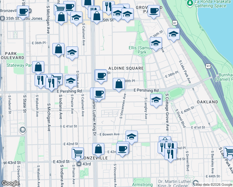 map of restaurants, bars, coffee shops, grocery stores, and more near 514 East Oakwood Boulevard in Chicago
