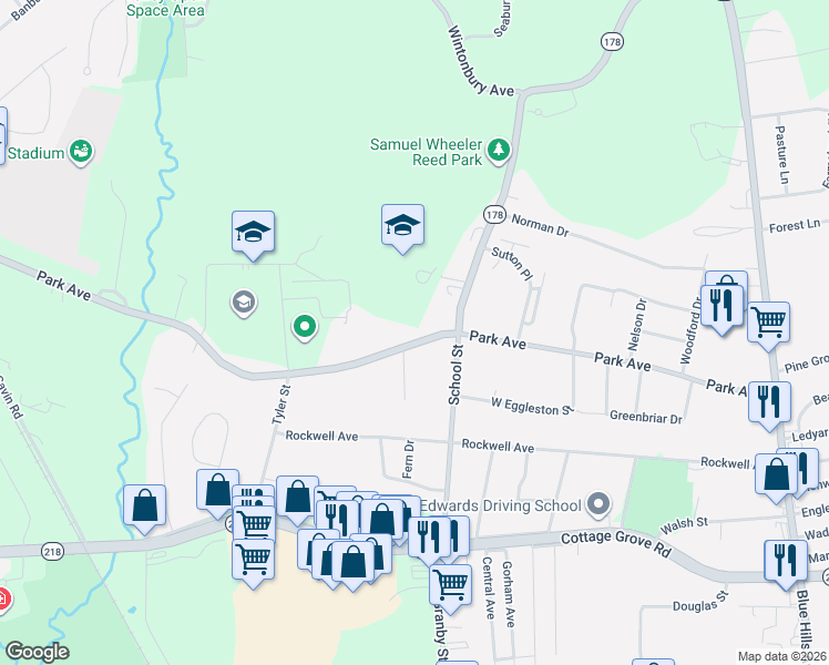 map of restaurants, bars, coffee shops, grocery stores, and more near 260 Park Avenue in Bloomfield