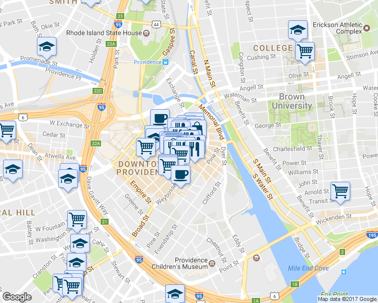 map of restaurants, bars, coffee shops, grocery stores, and more near 170 Westminster Street in Providence